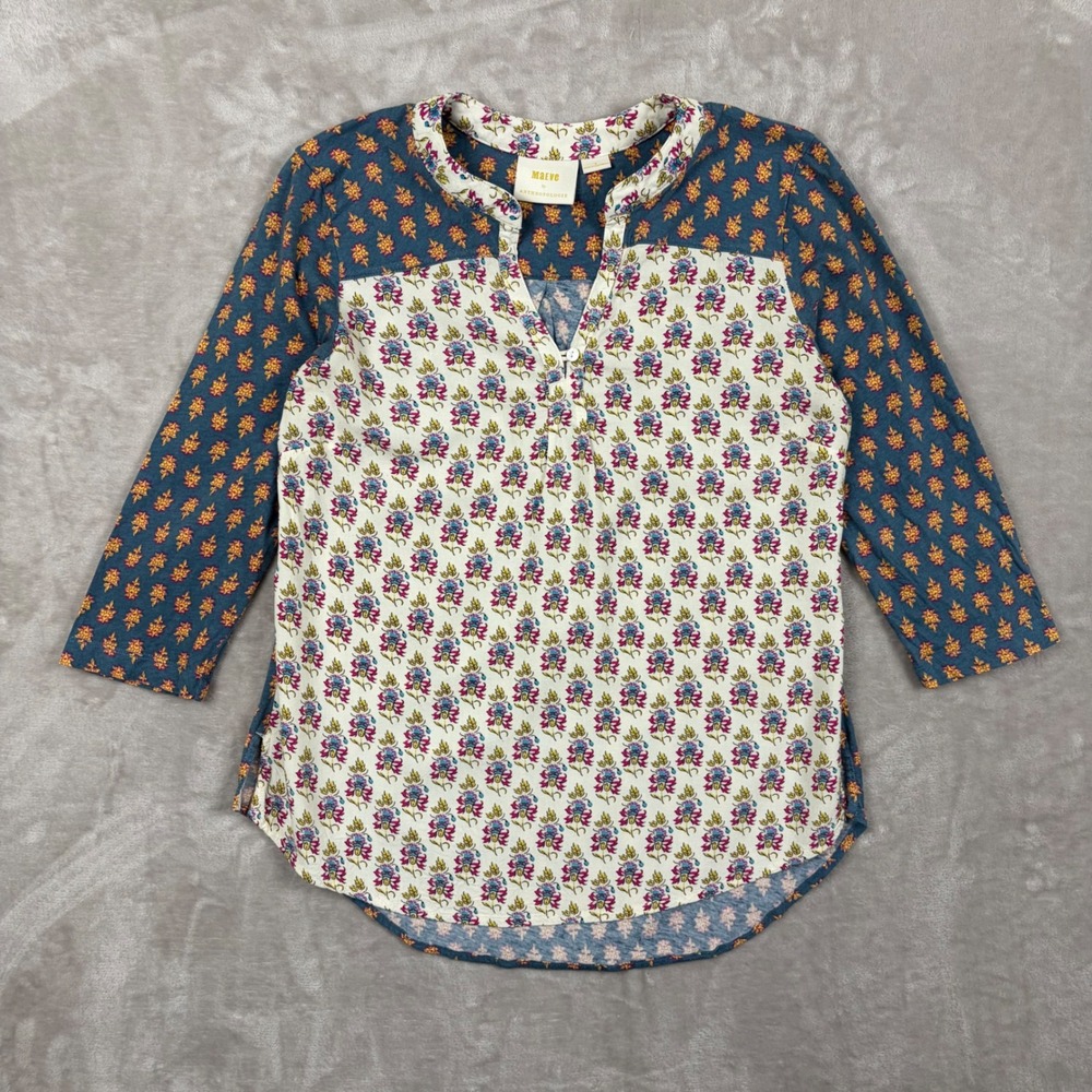 Anthropologie Maeve Top S Mixed Print Floral Damask Teal Orange 3/4 Sleeve Boho - Picture 1 of 7